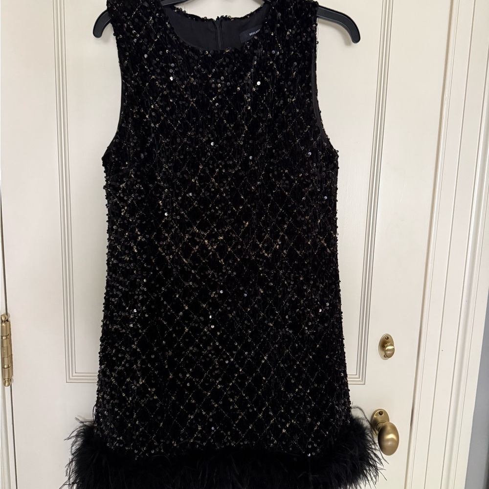 Black Sequin Sleeveless Dress with Feather Hem